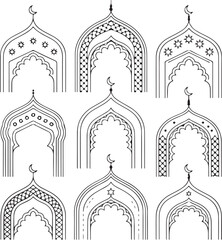 Nine Ornamental Islamic Arches Showcasing Traditional Architectural Elements and Crescent Moon Motifs Presenting a Variety of Decorative Patterns