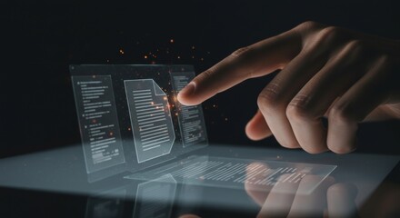 Fingers interacting with digital interface displaying document data in technology concept