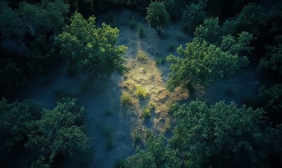 Photo of a moonlit forest viewed from above, highlighting sparse undergrowth and the tranquility of a natural landscape, Generative AI