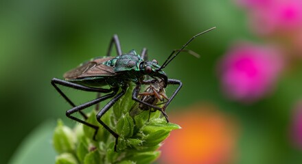 Fototapeta premium Detailed macro of an assassin bug preying on a fly in a vibrant garden