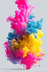 Obraz premium Vibrant pink blue yellow ink clouds exploding on light gray background, abstract artistic effect for digital projects, creative agency marketing, and website designs
