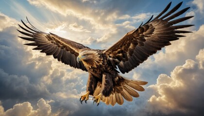 Majestic golden eagle soaring through cloudy skies