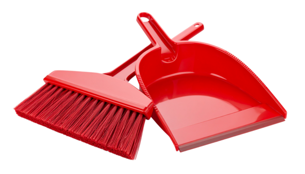 A set of domestic cleaning equipment, including a red bucket and a brush, is isolated on a white background