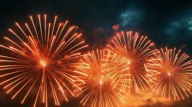 Bright orange fireworks exploding in the night sky