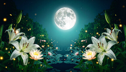 Full moon night over serene pond with white lilies and lotus flowers glowing softly, surrounded by lush green trees and tiny fireflies creating magical atmosphere © Athiphat