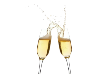 two isolated champagne glasses clinking against a transparent background
