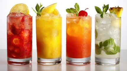 Four vibrant ice-filled drinks in tall glasses on white background for hospitality, beverage menu, bar promotion, restaurant marketing

