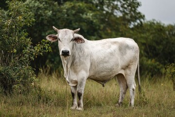 White cow in grassy field.  Surrounded by foliage