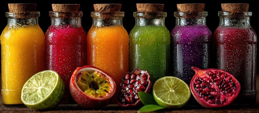 Colorful elixir assortment presented in vintage bottles with fresh fruit accents