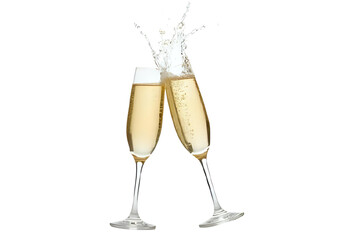 two isolated champagne glasses clinking against a transparent background