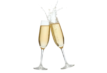 two isolated champagne glasses clinking against a transparent background
