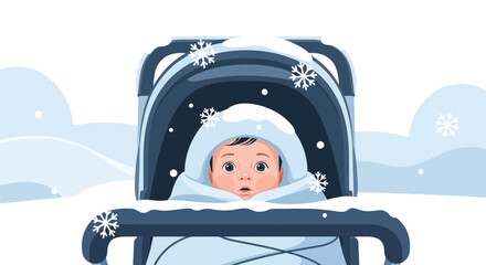 A charming illustration of a baby in a stroller amidst a snowy winter landscape with snowflakes falling all around in light blue tones