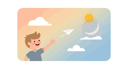 A cheerful cartoon boy launches a paper airplane against a sunny sky backdrop dreaming of journeys