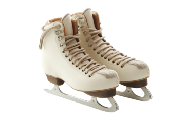 Ice skates with laces and metal blades.