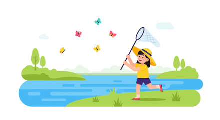 Naklejka premium A cheerful girl catches butterflies with a net near the river on a summer day