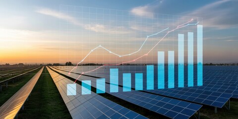 Solar Energy Investment - Solar panels with a financial bar chart and line graphs, symbolizing renewable energy and economic growth
