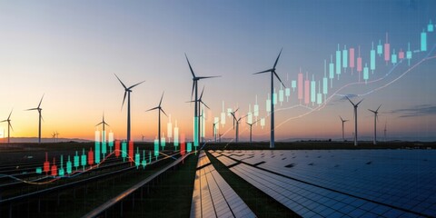 Green Energy Investment - A field of wind turbines and solar panels at sunset with an overlay of a financial chart, symbolizing renewable energy and economic growth