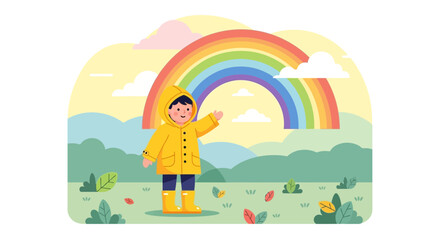 Naklejka premium A child in a yellow raincoat enjoying a vibrant rainbow after the rain illustration
