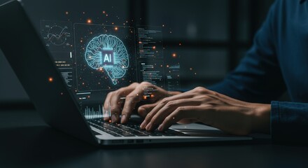 Person typing on laptop with glowing ai brain hologram