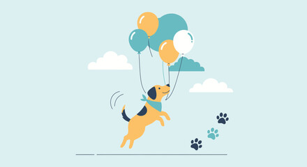 Fototapeta premium Adorable cartoon vector illustration of a dog floating with colorful balloons against a blue sky background