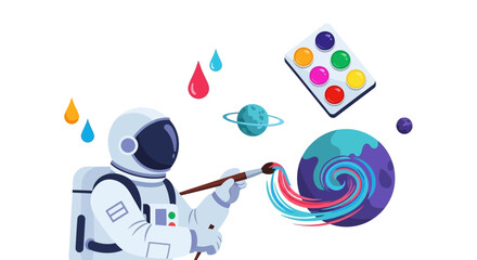 A creative astronaut painting a vibrant planet with colorful paints in space art scene