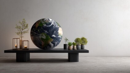 Earth globe on a dark bench with plants and candles
