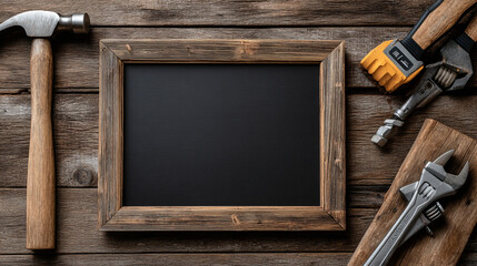 A rustic wooden frame surrounded by a hammer and wrenches on a weathered wooden surface