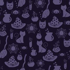 A whimsical Halloween pattern bursting with playful charm, featuring purple cats, spiders, sparkling potion bottles, witch hats, bubbling cauldrons, brooms, and cobwebs.