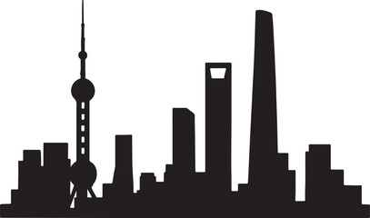 Shanghai Skyline Silhouette: Dramatic Black and White Cityscape Illustration