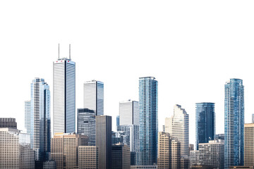 Fototapeta premium Vibrant city skyline highlighting shiny skyscrapers under a clear sky with a transparent backdrop providing a modern urban aesthetic
