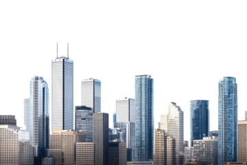 Vibrant city skyline highlighting shiny skyscrapers under a clear sky with a transparent backdrop providing a modern urban aesthetic