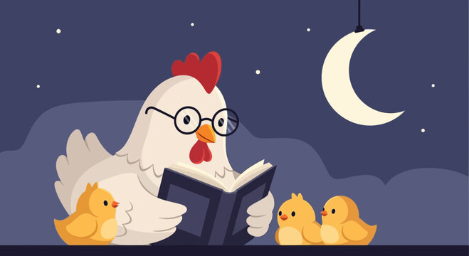 A heartwarming bedtime story scene featuring a hen reading to her chicks under the moonlit sky illustration