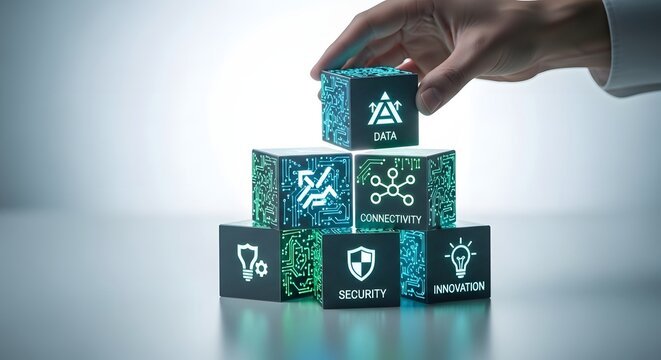 Businessman building a digital strategy with blocks representing data, security, connectivity, and innovation. A concept for digital transformation and technological framework