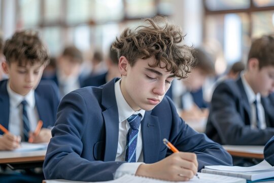 Focused schoolchildren in uniforms writing in notebooks during a classroom lesson, seated at desks in a bright, busy learning environment.