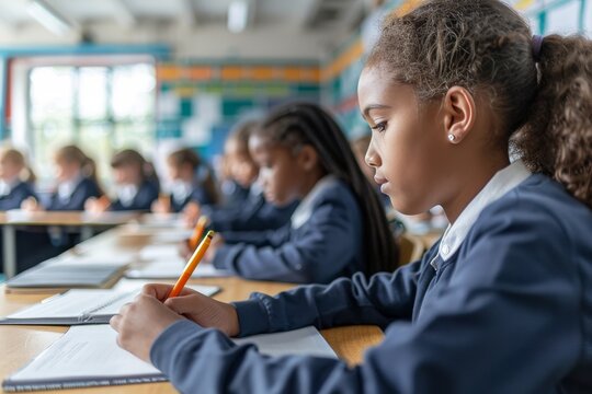 Focused schoolchildren in uniforms writing in notebooks during a classroom lesson, seated at desks in a bright, busy learning environment. - Powered by Adobe