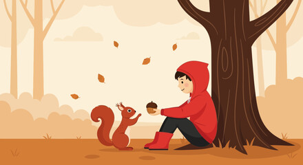 A heartwarming scene of a boy sharing an acorn with a squirrel in an autumn park illustration