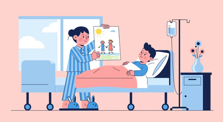 A heartwarming moment: Girl showing a drawing to her brother in the hospital recovery