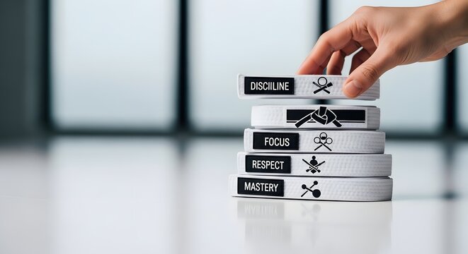 The path to personal mastery and professional growth. A conceptual image of building the core principles of discipline, focus, and respect