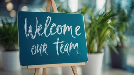 Welcome Team Sign on Easel in Modern Office Space, Featuring Greenery and Natural Light
