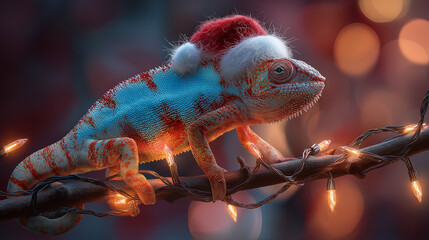 Funny Christmas chameleon wearing a Santa hat animal art with holiday lights