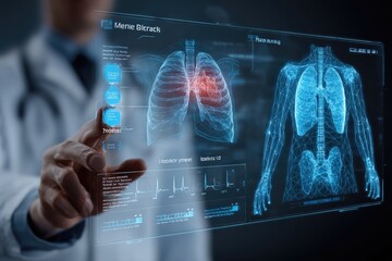 Doctor interacting with digital medical display of lungs and skeletal structure