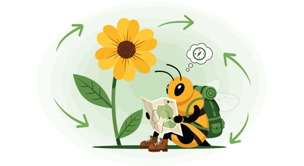 Adventurous Bee Reading Map Beside Sunflower with Green Arrows Illustration