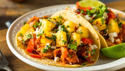 Delicious tacos al pastor with pineapple and cilantro on a white plate close up view