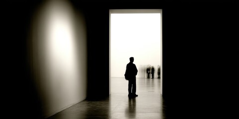 At-home workouts concept shows A solitary figure stands in shadow, framed by a large doorway and a softly lit background with silhouettes of others.