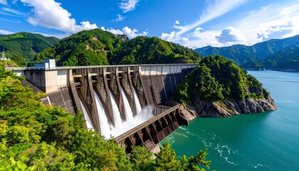 Obraz premium 放水をする巨大ダムの風景 絶景