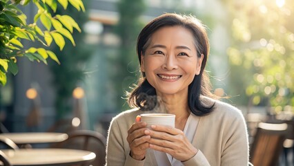 Portrait of happy asian woman drinking coffee outside cafe enjoying sunny day lifestyle and relaxation time