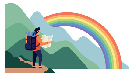 Adventurous hiker exploring the mountains with backpack and map under a rainbow happy travelling concept