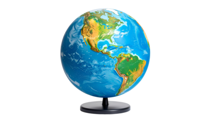 A vibrant 3D rendering of the earth globe, highlighting the continents of America and Europe, is isolated on a white background, perfect for a global business or geography concept
