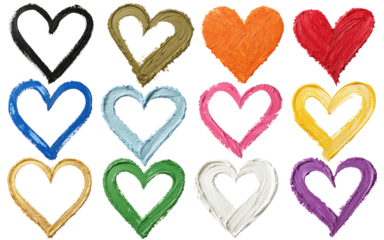 Colorful love hearts made of rough strokes isolated on a white background