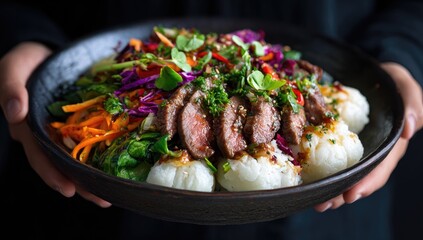 Fototapeta premium Hands holding a large dark bowl filled with a vibrant salad featuring sliced beef, cauliflower, and colorful vegetables
